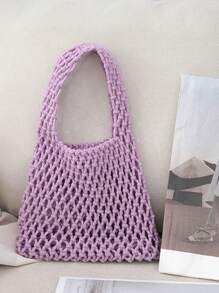 1pc Bohemian Style Woven Tote Bag, Striped Woven Handbag, Beach Bag, Casual Versatile Hollow Woven Handbag, Beach Bag