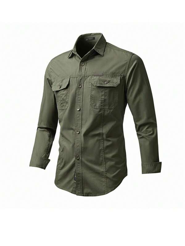 1 pieza Camisa de manga larga slim fit para hombre para exteriores, chaqueta de trabajo informal de algodón para primavera y otoño, combina bien con vaqueros
