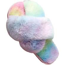 Local Delivery--LZLER Women's Cross Band Slippers, Soft Plush Fleece Lightweight Non Slip Open Toe Flip Flop Shoes House Indoor Outdoor Fur Fuzzy Slippers - Colorful - View 1