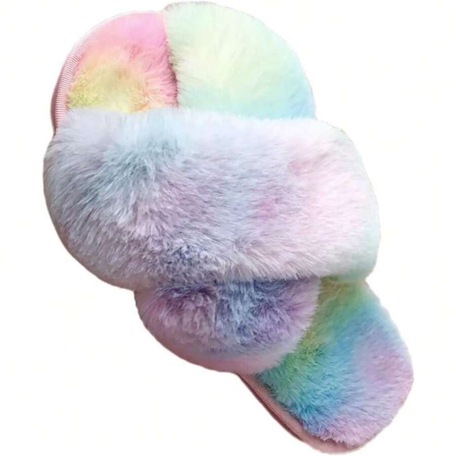 Local Delivery--LZLER Women's Cross Band Slippers, Soft Plush Fleece Lightweight Non Slip Open Toe Flip Flop Shoes House Indoor Outdoor Fur Fuzzy Slippers - Colorful - View 1