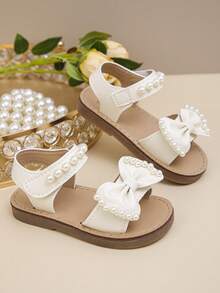 Girls' Fashion Adorable Big Bow Pearl Decor Outdoor Flat Sandals, Soft & Comfortable - Beige - View 4