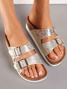Sandalias casuales de mujer con diseño de hebilla ajustable - Dorado - Ver 2