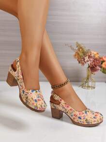 Women's Colorful Floral Print Round Toe Casual High Heel Pumps, Classic Slingback Design With Toe And Ankle Strap