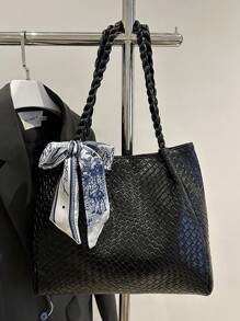 1 pièce Sac à main décontracté pour femme, grande capacité, nouvelle texture tissée de 2025, couleur unie simple et polyvalente, sac à bandoulière avec motif gaufré, sangle confortable et distinctive, convient aux étudiantes, aux courses, aux sorties et aux vacances, livré avec un ruban décoratif