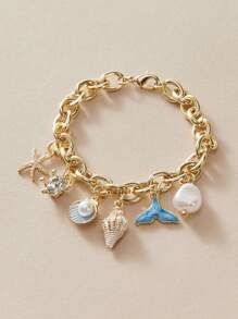 1pc Summer Fashion Beach Vacation Blue Oil Drop Shell Starfish Bracelet, Suitable For Daily Wear, Beach And Ocean