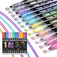 8/12/24 彩色梦幻金属双线轮廓笔套装，防水防褪色彩色绘图笔，适用于岩石绘画、手工艺品、DIY、相册、木材、塑料，适用于学校、陶瓷 - 凿尖艺术马克笔、书法笔、多色绘画艺术马克笔系列、节日礼物、万圣节礼物、圣诞节礼物学校用品、返校