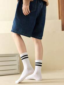 6双白色双极女士中筒袜时尚简约