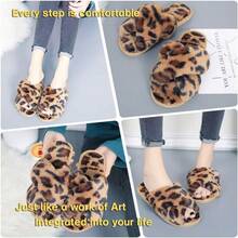 Local Delivery--LZLER Women's Cross Band Slippers, Soft Plush Fleece Lightweight Non Slip Open Toe Flip Flop Shoes House Indoor Outdoor Fur Fuzzy Slippers - 棕色豹紋 - 查看 4