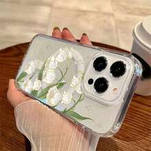 Funda para teléfono móvil con diseño de lirio de los valles, con delicados motivos florales y destellos. Compatible con los modelos 6, 15, 14, 13, 12 y 11 Pro (16E, S22, S23, S24, S25). - transparente - Ver 2
