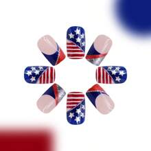 24Pcs 1-Box Short Glossy Red & Blue Glitter Stripes American Flag Nail Art, Patriotic 4th Of July Wearable, Perfect For Independence Day Parties, Essential For American Beauty Enthusiasts (2025 New Arrival)!