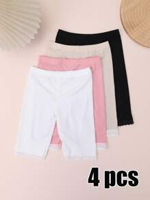 4 pares de bermudas para niñas de talla media-grande con decoración de encaje y lunares, hechas de material de seda de hielo ligero y transpirable para el verano, versátiles para usar como ropa exterior o interior