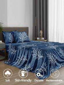 4pcs Navy Blue Botanical Plant Leaf Pattern Sheet Set Easy Care Microfiber Soft Bedding Set Fitted Sheet Set (1pc Flat Sheet+1pc Fitted Sheet+2pcs Pillowcases) Fitted Sheet Set King Queen Full TWIN SIZE Sheet Deep Pocket Up To 11.8 Inch Pillowcase, Soft Breathable Wrinkle-Free Better For Sleep, Luxury Hotel Style, Gift For Mom Dad Friend Domitory Bedding Back School - Navy Blue - View 4