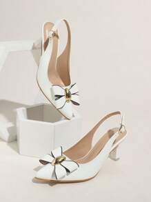 White Bow Pointy Toe Mid-Heels Women Sandals