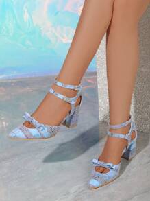 Pointed Toe High Heel Hollow Out Shoes With Bowknot, Blue For Women