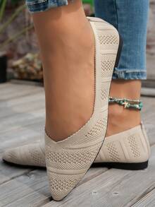 女士时尚尖头针织平底鞋，纯色休闲一脚蹬百搭乐福鞋