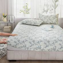 3pcs Floral Print Fitted Sheet And Pillowcase Set(1 Fitted Sheet And 2 Pillowcases, No Pillow Inserts),Breathable All-Season Bedding Mattress Protectors With Woven Flower Pattern, Machine Washable Sheets With Pillowcases