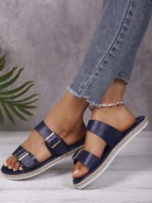 女士新款编织外底，轻便舒适，休闲度假人字拖 - 藏蓝色 - 查看 5