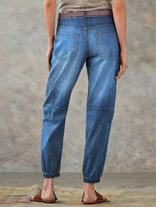 Plus Size Women Front Button Multiple Pockets Elastic Waist Loose Wide Leg Casual Jeans