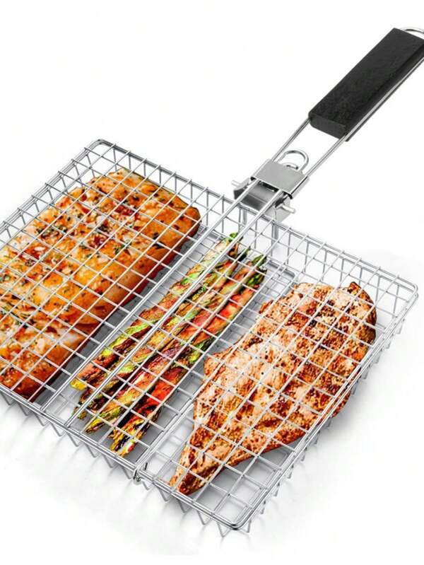 1 Stück antihaftbeschichteter Grill-Korb mit Holzgriff - tragbares Metall-Grillzubehör für Holzkohle, geeignet für Gemüse und Fleisch, ideal für Camping, Picknicks und Wanderungen, leicht zu bedienendes Outdoor-Grillwerkzeug, Grill-Kochkorb
