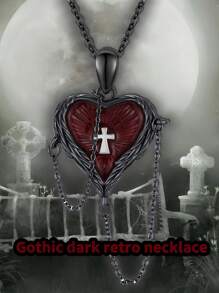 Gotischer dunkel schwarzer Halskette, dreidimensionaler roter Kristall Blut Fledermaus, retro Punk Kreuz herzförmige Paar Halskette, Halloween Accessoires (Unisex)