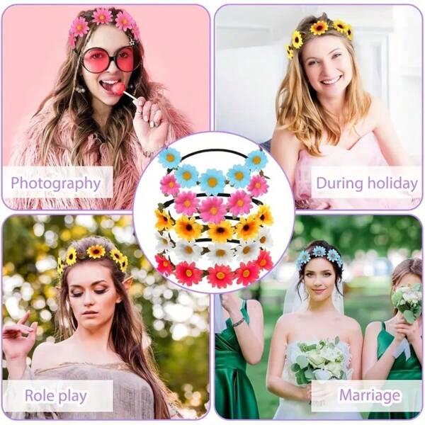 5pcs Bohemian Sunflower Headband, Daisy Flower Wreath Hair Accessories For Bride, Beach Travel Photography, Hair Accessories, Coronas, Tiara