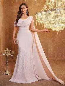 Women's Plunging Neck Sleeveless Elegant Dress With Long Trailing Sash, Chest Ruched Detail, Solid Color, Bodycon, Luxurious Bottom Embellished With Rhinestones, Backless Design With Mermaid Hemline (Random Rhinestone Direction) - Pink - View 2