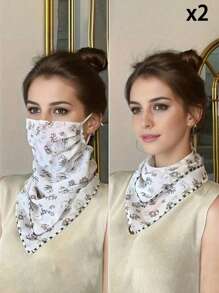 1PC 2025 Summer Sunscreen UV Flower Pattern Veil, Ice Silk Breathable Face Protection Triangle Silk Scarf Women's Ear Hanging Neck
