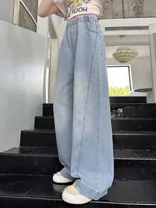 Tween 女童休闲做旧珍珠缀饰阔腿牛仔裤 - 藍色 - 查看 6