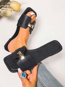 Spring/Summer New Fashion Casual Strap Slip-On Flat Sandals, Comfortable Outdoor Wear Beach Slides, Minimalist Design, Versatile,Holiday Essential - Black - View 2