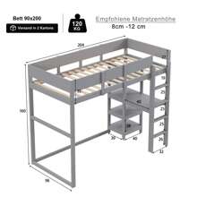 Sairedel Letto a soppalco con contenitore 90 x 200 cm, struttura letto in legno massello di pino con rete a doghe, letto per bambini e ragazzi grigio