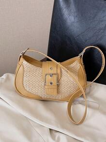 Korean INS Niche Woven Shoulder Bag For Women, New Summer Fashion Chic Messenger Crossbody Tote Crescent Moon Bag