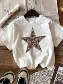 Camiseta Casual de Estampado Estrella Leopardo para Mujer - Manga Corta con Cuello Redondo, - Blanco - Ver 1