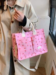 Spring/Summer New Large Capacity Multi-Pocket Cherry Print Tote Bag, Shoulder Crossbody Bag, Versatile Casual Commuter Handbag For Women - Pink - View 2