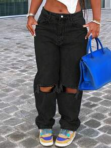 Plus Size Women Y2K Knee Ripped Skinny Straight Tapered Jeans, Mom Jeans Casual Black - Black - View 9