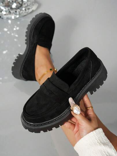 Pantofi sport negri cu talpă groasă din piele întoarsă, vârf rotund, mocasini coreeni de culoare uni, pantofi cu talpă joasă și plată