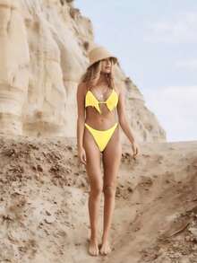 Bikini hai mảnh tua rua màu trơn gợi cảm mùa xuân/hè mới cho nữ đi biển - Màu vàng - Xem 3