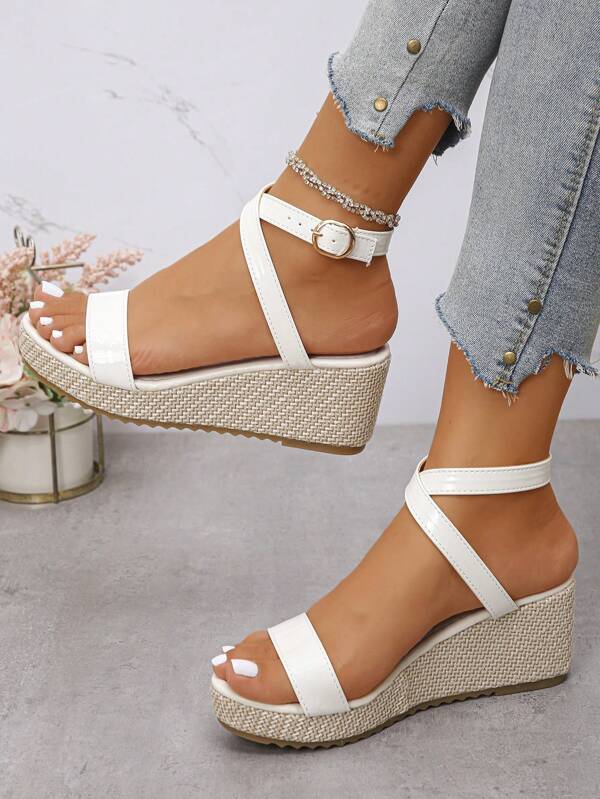 1 paire de sandales à plateforme compensée pour femmes, style bohème avec bride de cheville, sandales de plage ouvertes aux orteils, semelle en jute antidérapante légère et polyvalente, sandales blanches