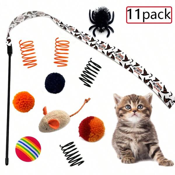 Combo de juguetes de Halloween para gatos, que incluye una varita con plumas para activar el instinto de caza de los gatos, un compañero divertivo para las fiestas de los gatos
