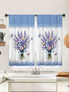 2pcs Romantic Butterfly Bouquet Short Curtain,Without Holes Curtain,Refer To Bedroom Office Kitchen Living Room Study Home Decor - Multicolor - View 2