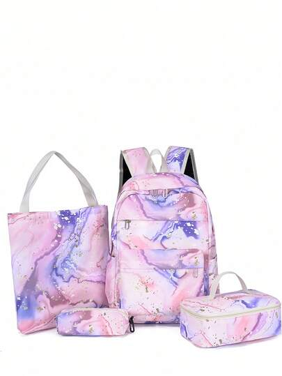 4件套背包、手提包、保温袋、铅笔盒，经典纯色休闲旅行背包，男女通用，大容量，学生背包，时尚，防水，便携，返校季，学生，工作日均可使用，背包，单肩包，斜挎包，铅笔盒