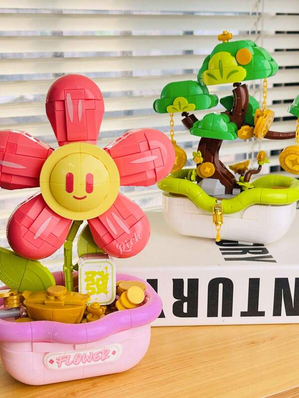 700+Pcs Construction Flower Bouquet Bonsai Building Blocks Toy, ABS Material Red And Green Color, Sunflower Design, Wealth Tree Model, Birthday Gift For Boys And Girls, Combination Building Desk Decor, Holiday Gift, Collectible