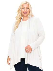 Plus Size Casual Long Sleeve Drape Open Front Cardigan Lightweight Comfortable Layer  Plain    Casual  Boho    Asymmetrical - White - View 2