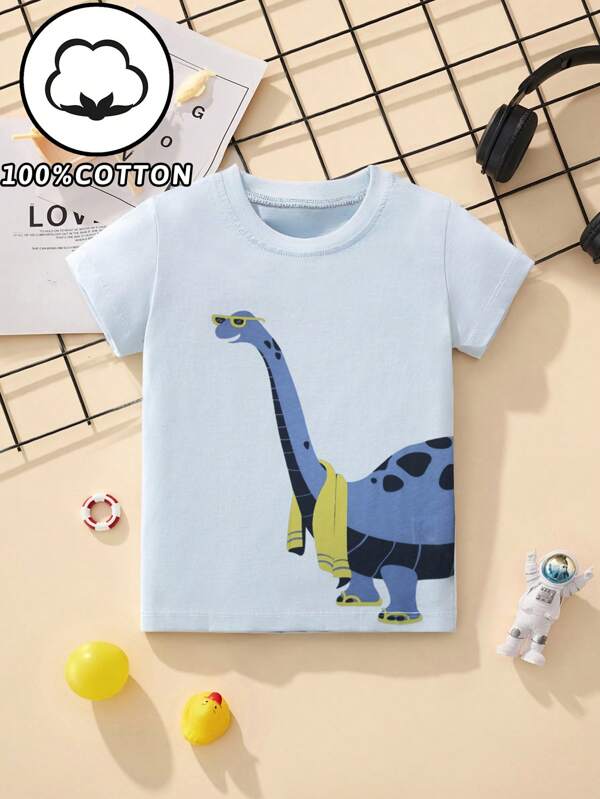 1pc Young Boys Casual Cute Cartoon Dinosaur Print Round Neck Short Sleeve T-Shirt Top, Fashion For Spring/Summer