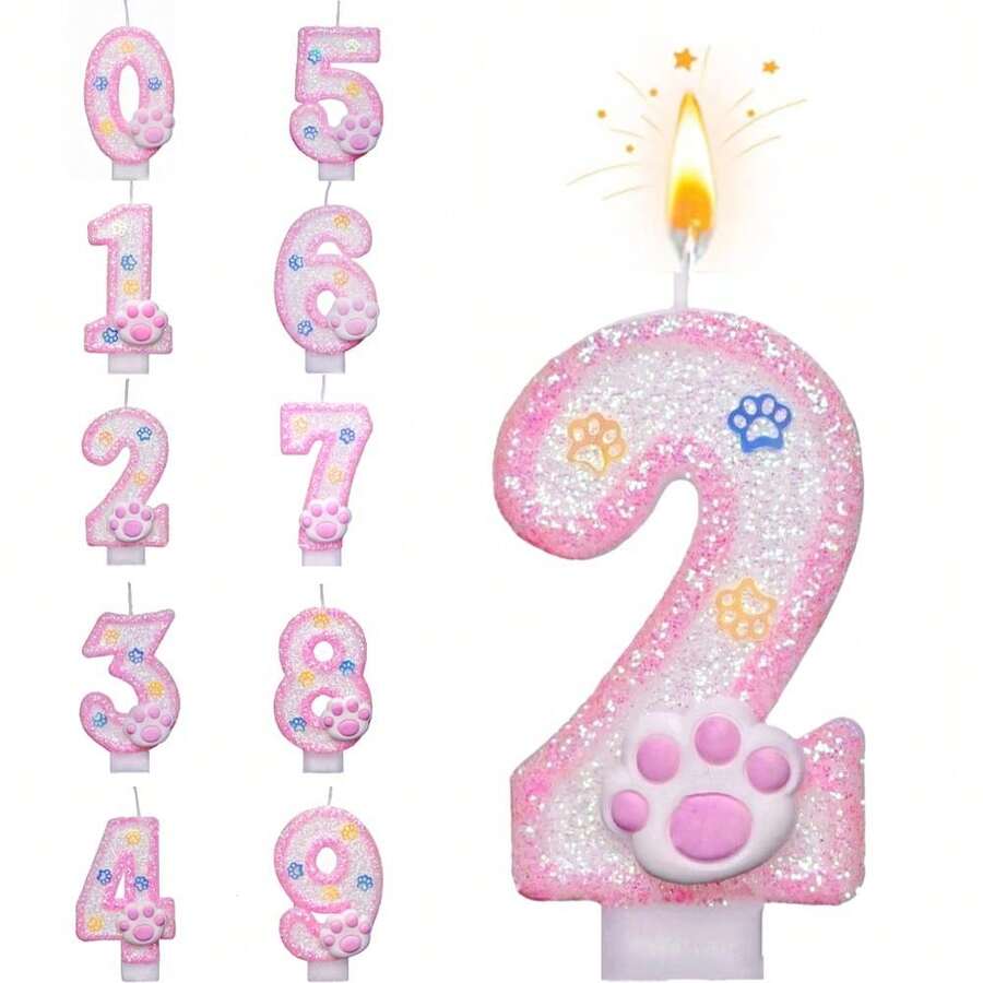 (Pink Cat And Dog Paw Birthday Digital Candles, Cupcake Decorations, Dog Themed Candles, Suitable For Party Celebrations, Birthday Decoration Supplies - Pink - View 1