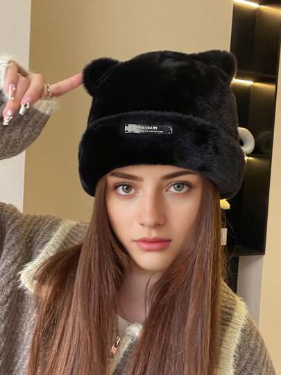 Nuovo cappello secchio in peluche con orecchie di gatto carino, berretto caldo, versatile e personalizzato, in poliestere, adatto per outfit autunnali/invernali soffici