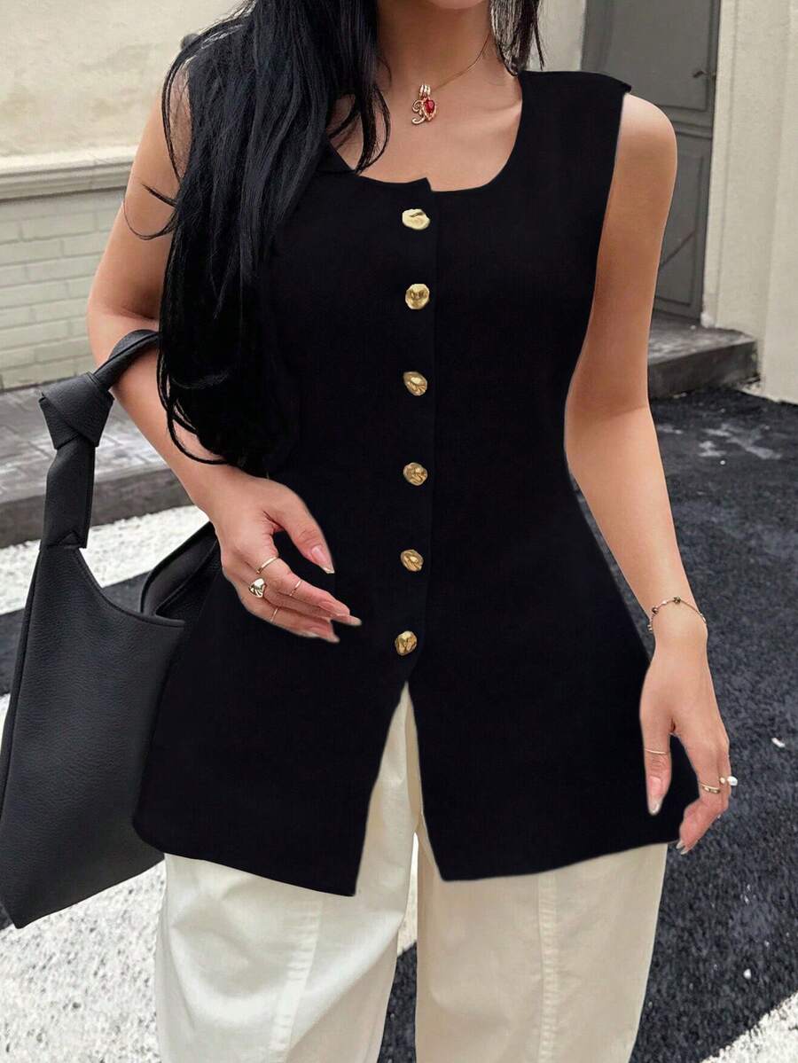 DEEKA 新款女装时尚休闲欧美风金色纽扣无袖针织开衫背心