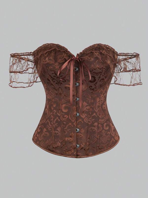 Plus Size Palace-Style Corset Top, Off Shoulder Lace Trim Waist Cincher Retro Jacquard Bustier Sexy Overbust