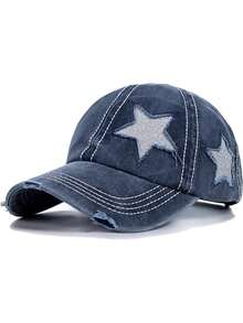 1 Piece Wash Worn-Out Ponytail Baseball Cap With Powder Dispersed Five-Pointed Star Pattern, Unisex, Adjustable Outdoor Sun Protection Casual Soft Top Hat For Spring And Autumn, Travel, Beach Vacation, Outdoor Activities Sun Hat, Y2K Style Youth Hat