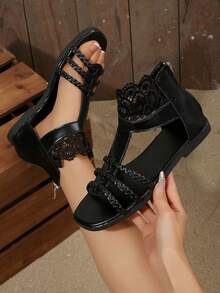 Sweet Peep Toe Zip Back Roman Flat Sandals - Black - View 4