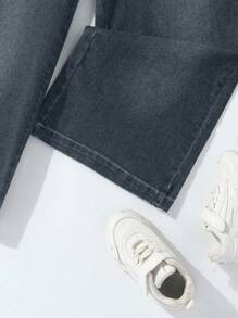 Teens Girls Casual Ruffle Waist Straight Leg Wide Leg Jeans, Suitable For All Seasons - Dark Grey - View 6